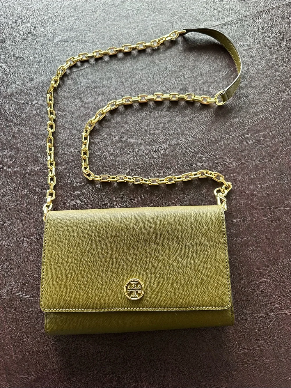 Tory Burch Olive Green Leather Compact Wallet with Gold Logo